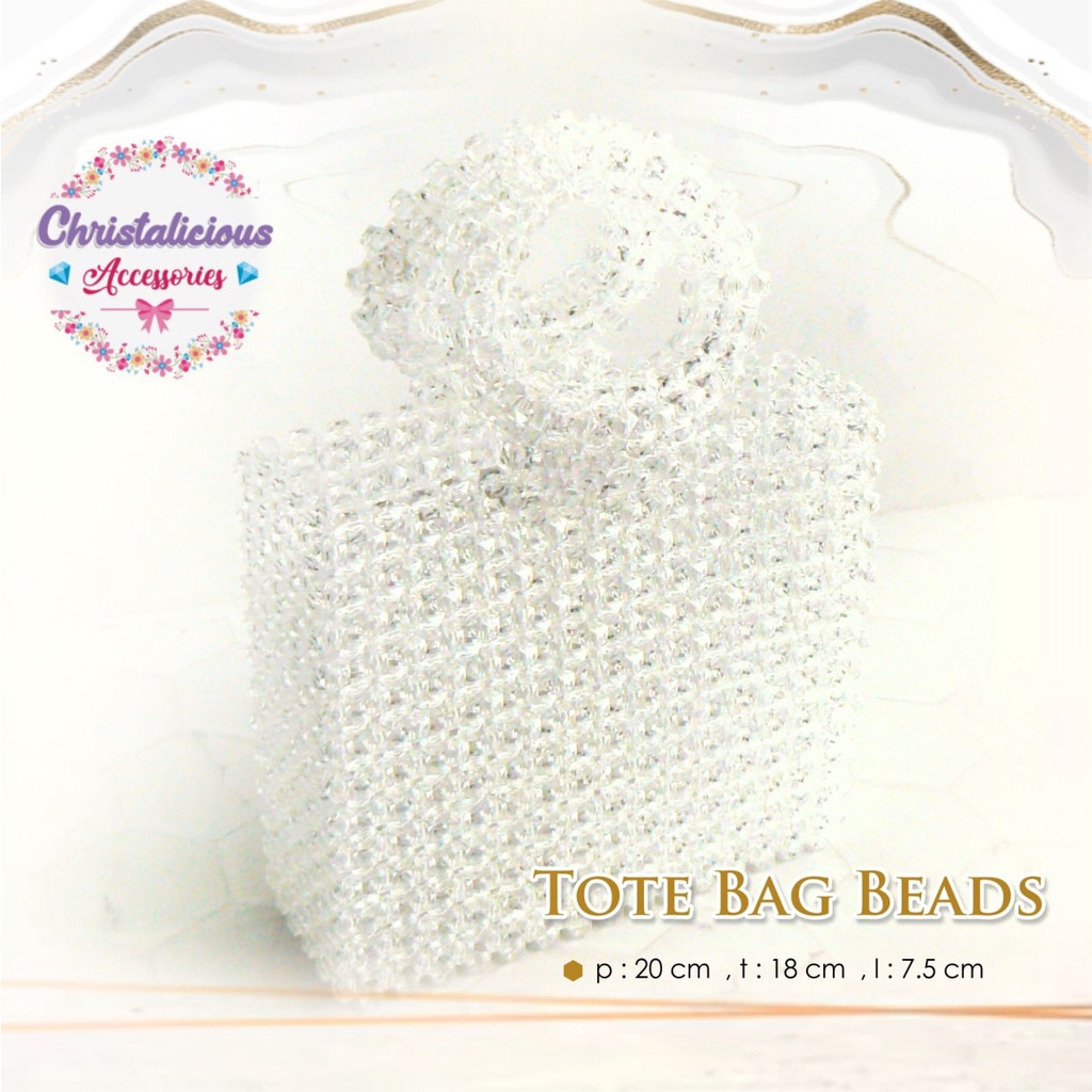 Beaded Bag Round Handle Angelica Beaded Bag, tas manik dengan motif kotak, tas manik putih transpara