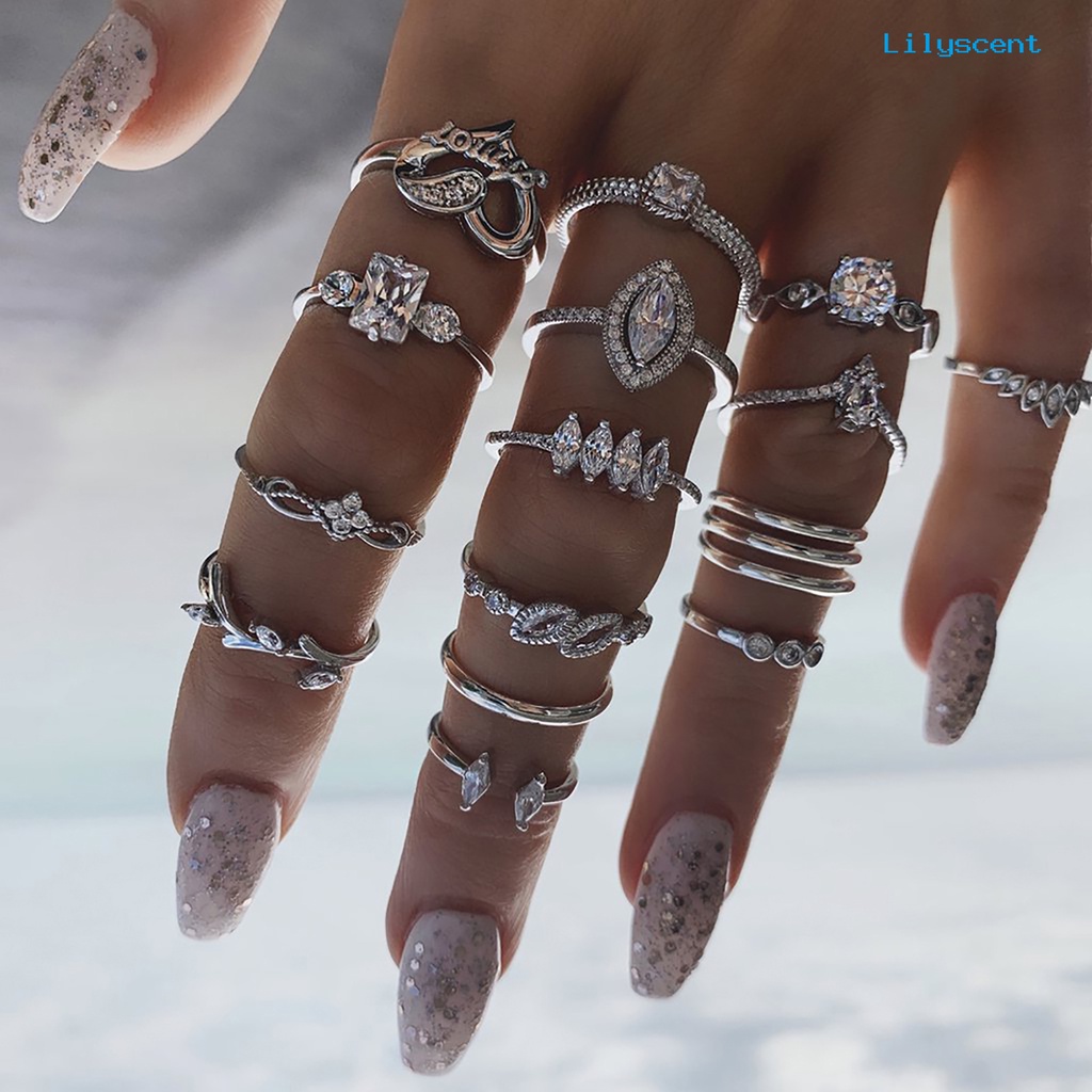 Ls 15Pcs / Set Cincin Susun Gaya Bohemia Hias Berlian Imitasi Untuk Wanita