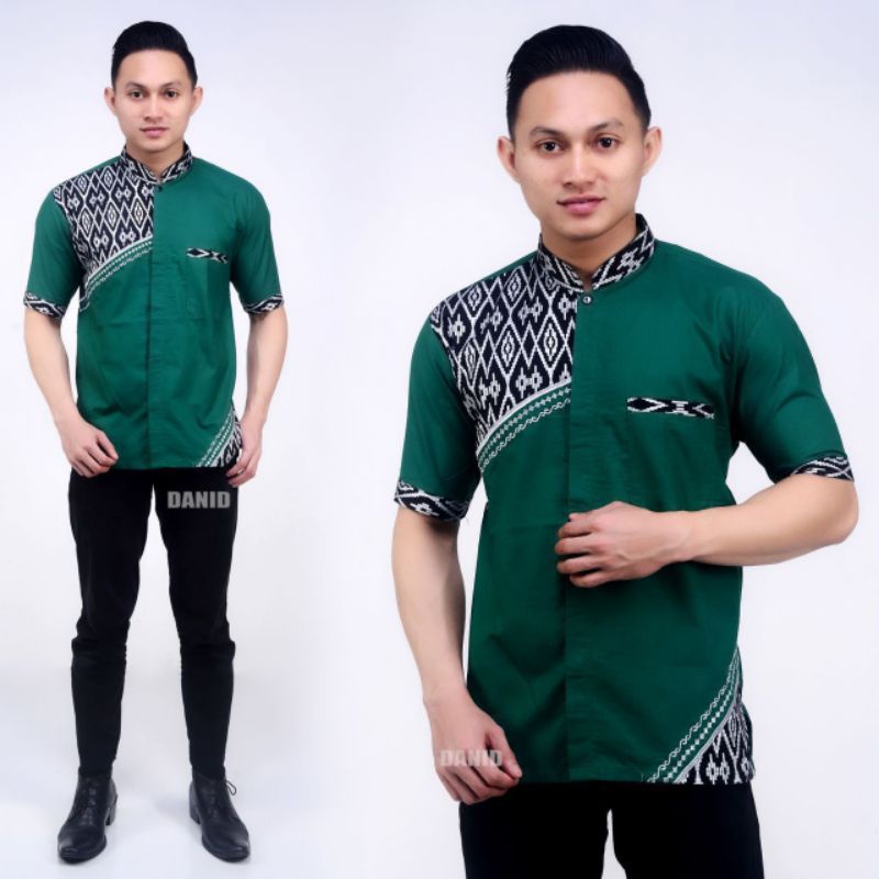 baju koko atasan muslim pria warna hijau botol lengan pendek batik veldanava pekalongan