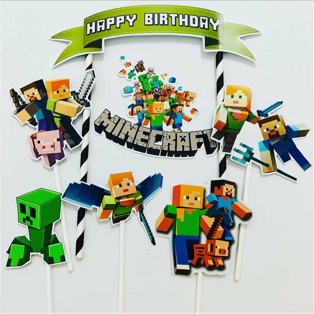 Mine craft Ribbon Hijau Topper Cake Birthday / Hiasan Kue Ulang Tahun / Topper Kue Ultah