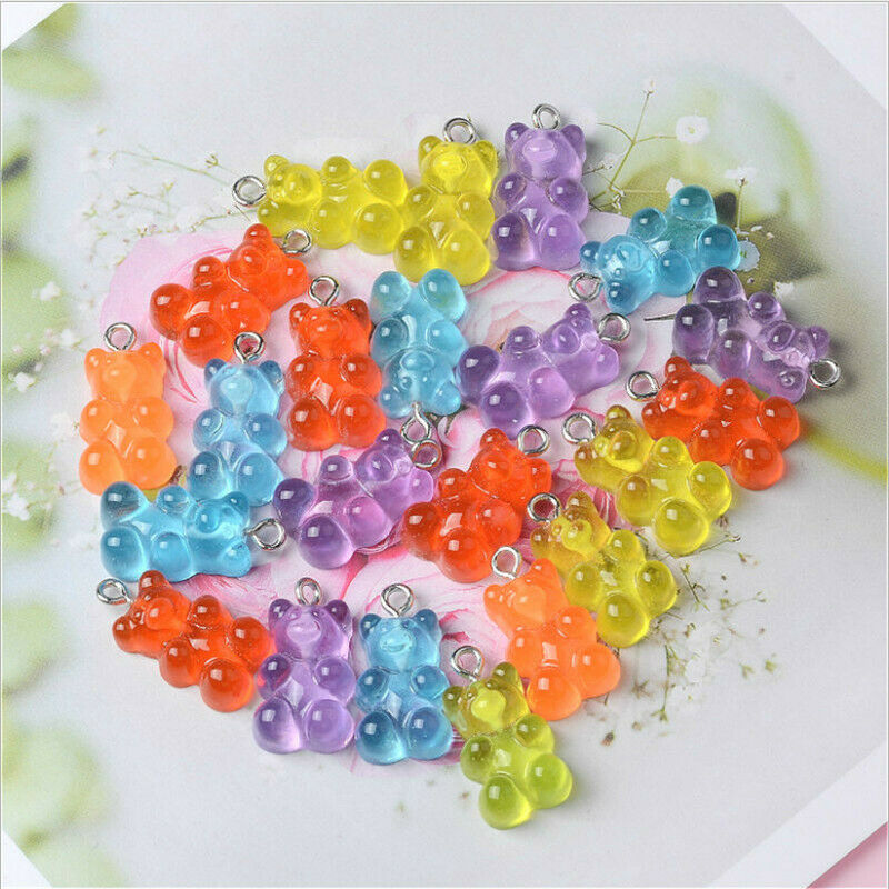 50Pcs 21mm*11mm Bear Charms Resin Cabochons Glitter Gummy Candy Necklace Keychain Pendant DIY Making Accessories