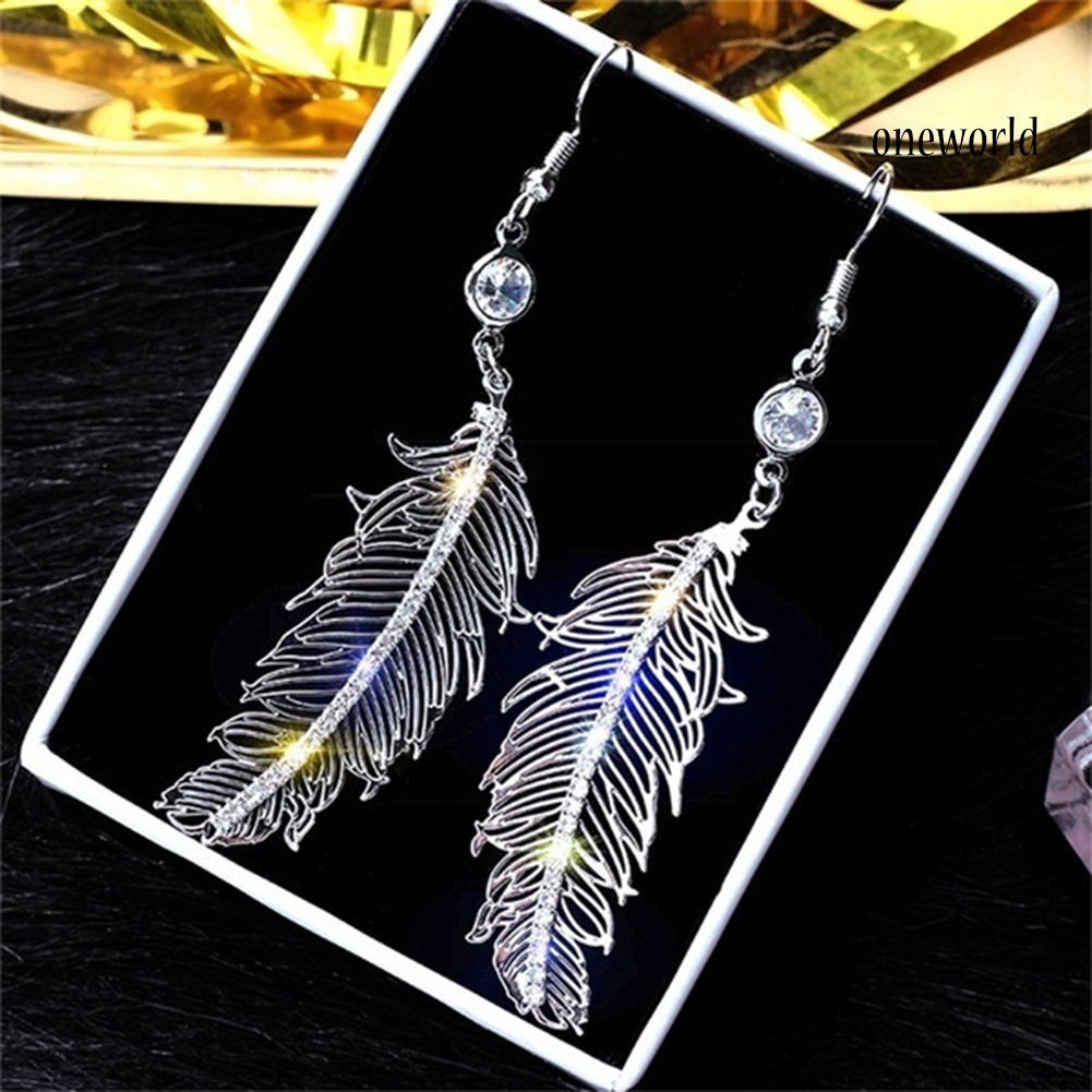 OW@ Hollow Long Feather Drop Rhinestone Metal-encrusted Hook Earrings Women Jewelry