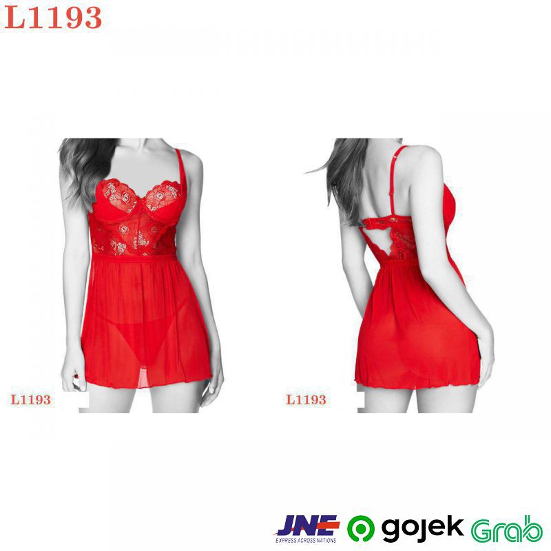 L1193 - Lingerie Nightgown Merah Transparan, Bra Kawat
