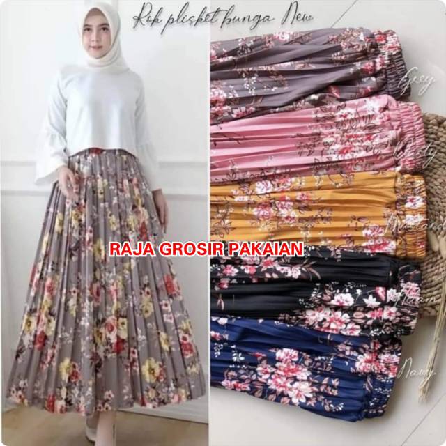 Rok Plisket Import Motif Bunga Gardenia