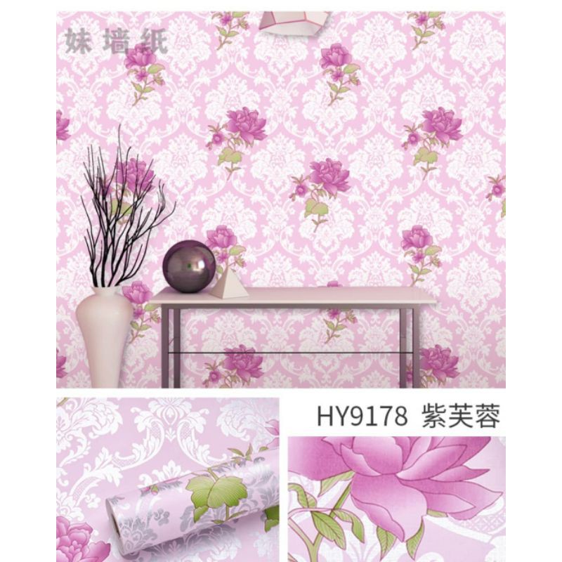 WALLPAPER DINDING MOTIF BATIK SILVER BUNGA PINK 10m x 45cm