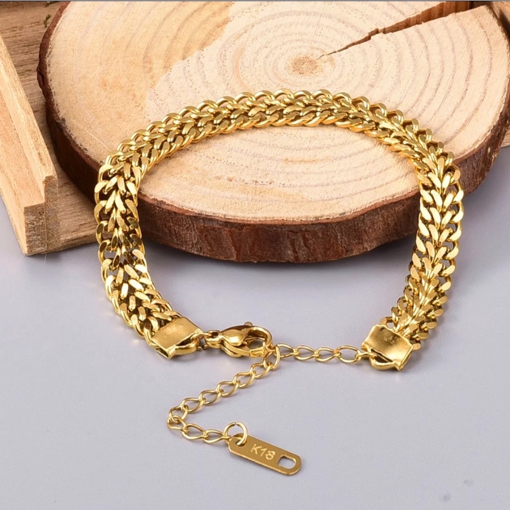 Gelang Rantai Kuba Lapisan Ganda Warna Gold