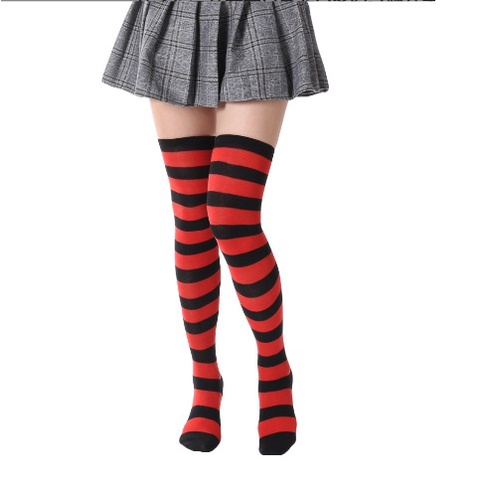 Kaos Kaki Wanita Over Knee Socks Kaos Kaki Sepaha Motif Belang-Belang Kaos Kaki Panjang-Black and Red
