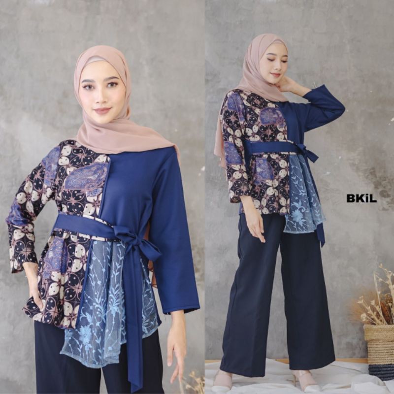 Batik wanita ASJ SA HRB026 Kenongo Kemeja Tosca Pendek-Brukat navy