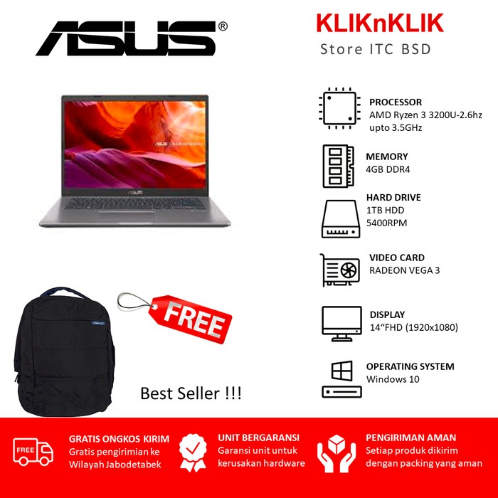 LP125 Termurah Laptop ASUS M409DA-EK302T RYZEN 3-3200U-4GB-1TB-VEGA 3-FHD
