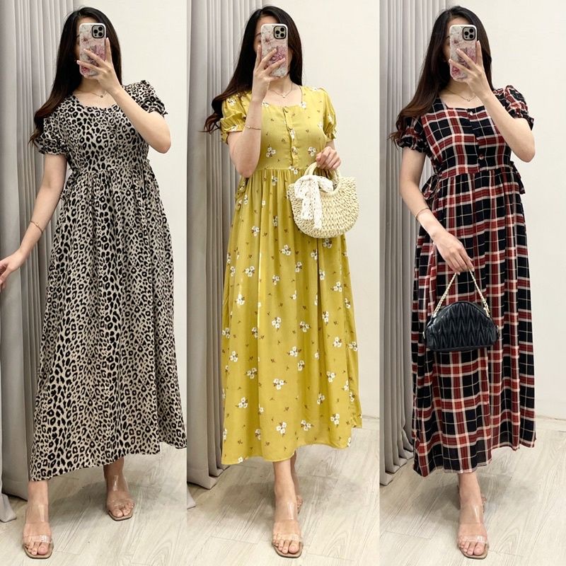 Cherry Dress Busui Panjang Wanita/ Home Dress Kasual Panjang dgn Kancing