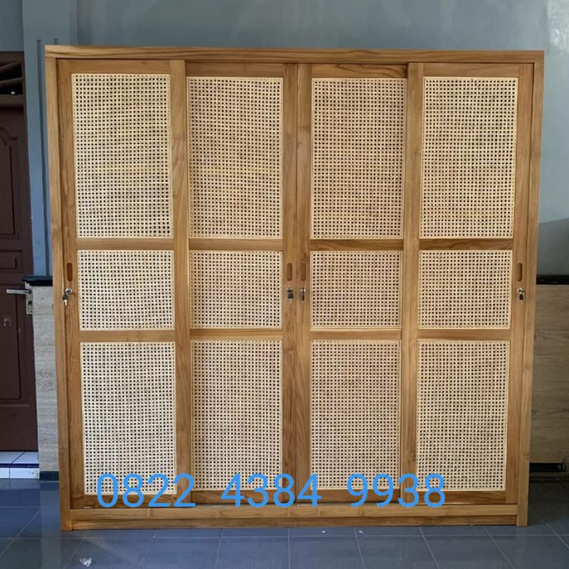 Lemari Pakaian Rak Baju Kayu Jati Pintu 4 Sliding Almari Rotan Minimalis Terlaris