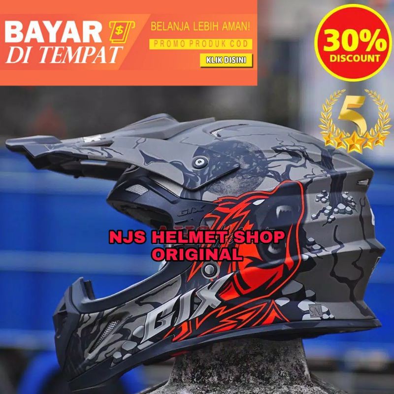 Helm Gix Cross Wolfgang Motif Serigala - Free Sarung Helm Trail Original Gix Supercross