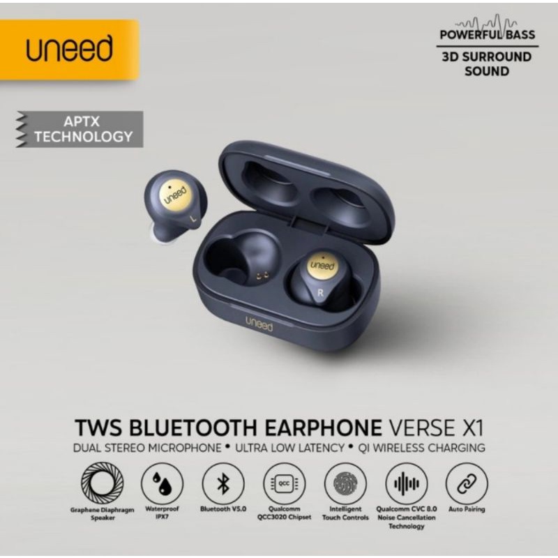 Uneed Earphone TWS Verse X1 Qualcomm APTX Bluetooth 5.0 Ultra Low Latency, IPX7 (Waterproof)