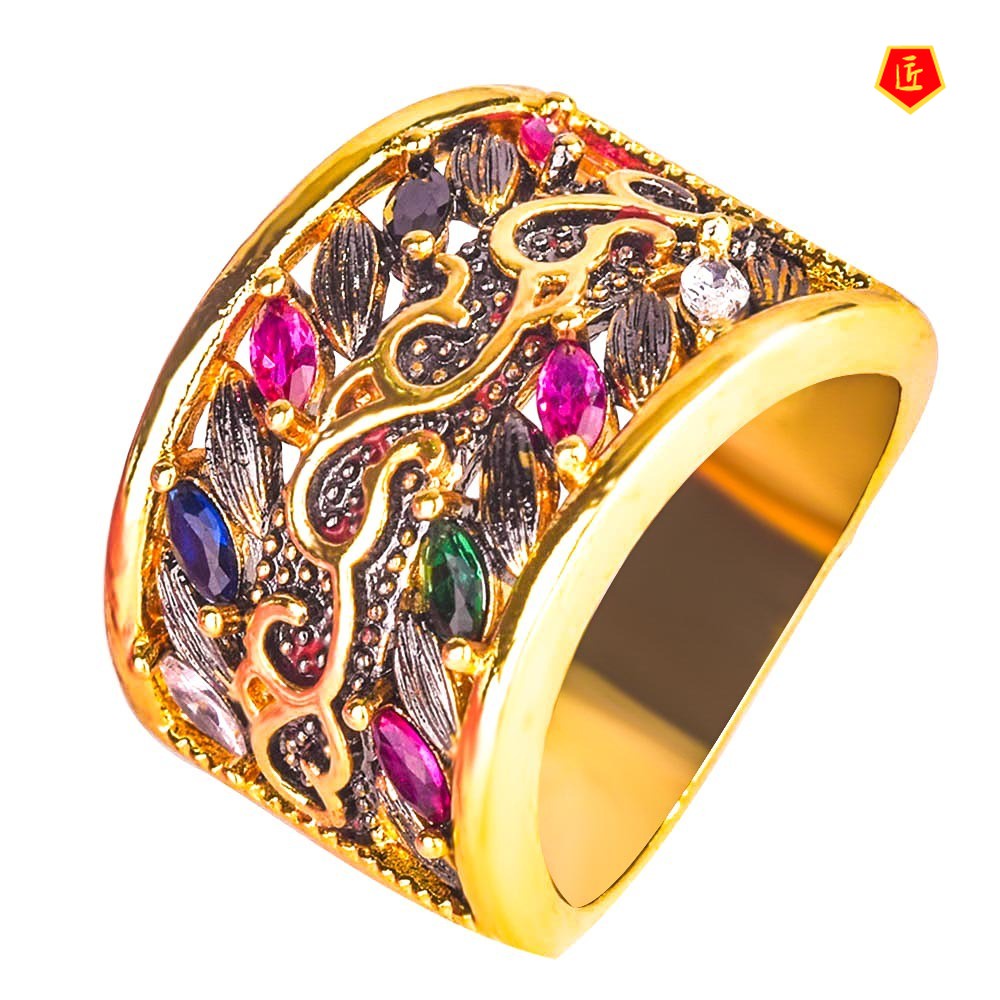 [Ready Stock]Luxury Gothic Style Colored Gemstone Ring 18K Gold