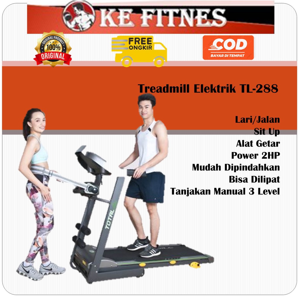 DISKON Alat Olahraga Lari di Tempat Treadmill Elektrik TL288 Total Fitness, Treadmill Lipat, Alat Ol