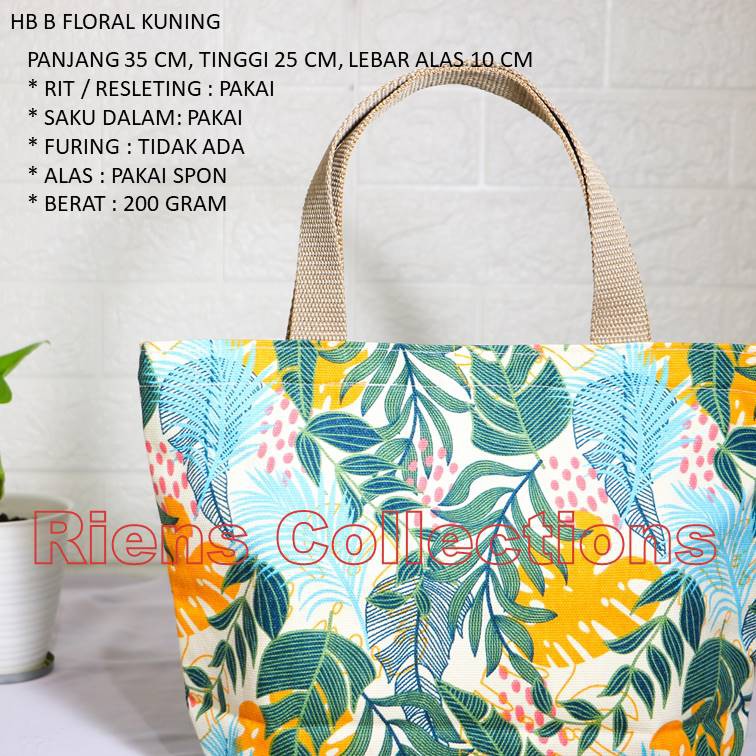 RIENS COLLECTIONS. HANDBAG BESAR BAHAN KANVAS MOTIF FLORAL KUNING