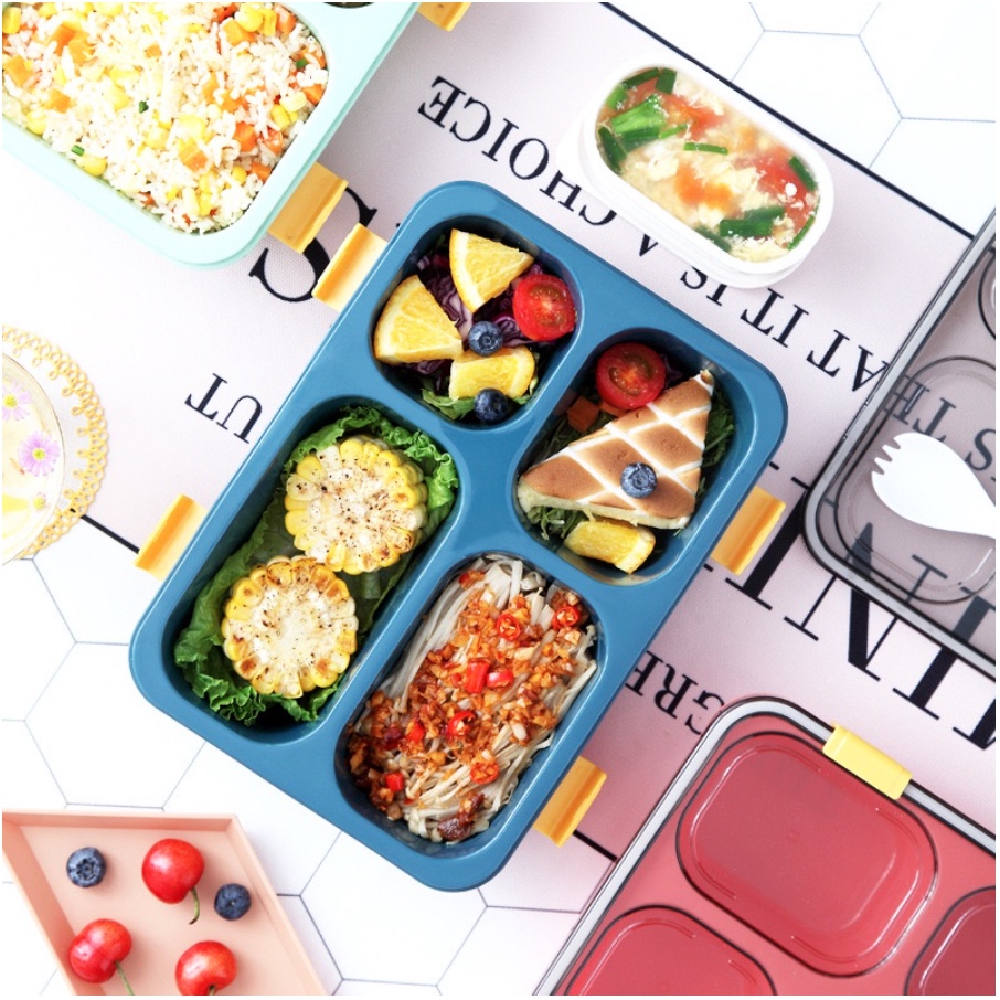 Kotak Makan Bento 3 Grid Free Sendok / Kotak Makan Bekal Anti Tumpah 850 ml / Lunch Box Food Grade