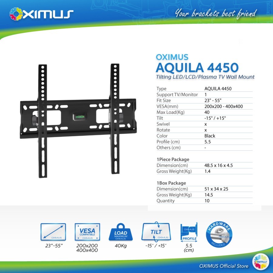 BRACKET TV LED LCD MONITOR 23&quot; -55&quot; OXIMUS AQUILA 4450 WALL MOUNT TILT