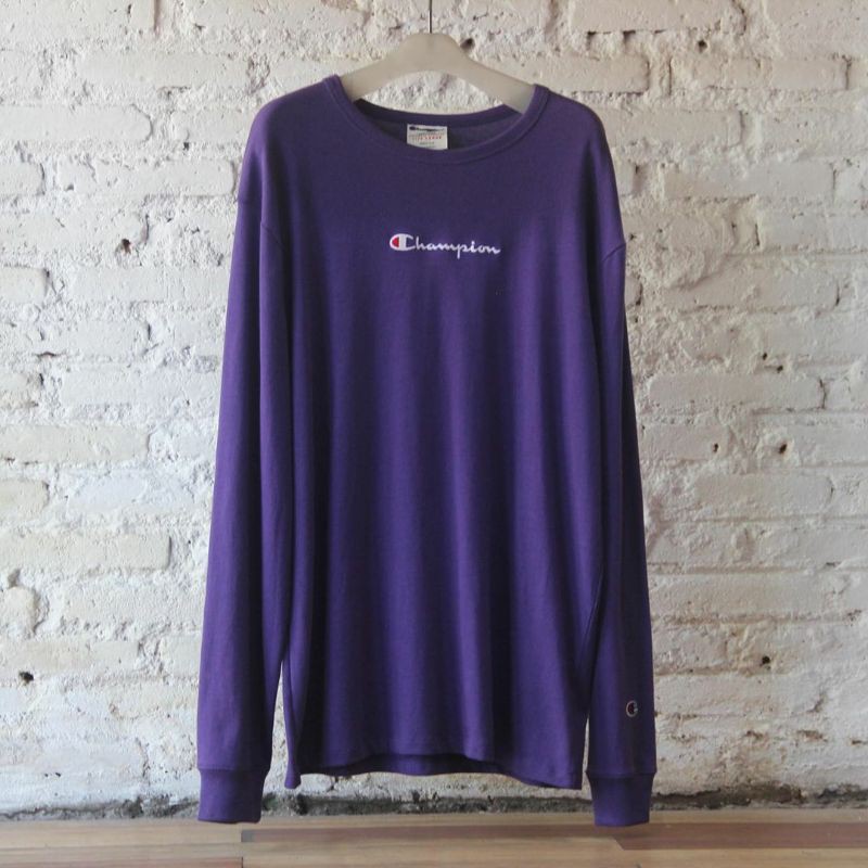 

Champion Longslevee Logo Script Tag Name Purple Embriodery