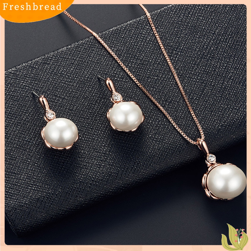 Terlaris Ladies Round Faux Pearl Rhinestone Inlaid Pendant Necklace Earrings Jewelry Set