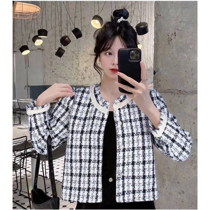 Modae - Eve Korean Tweed Blazer Top Cardigan Longsleeve