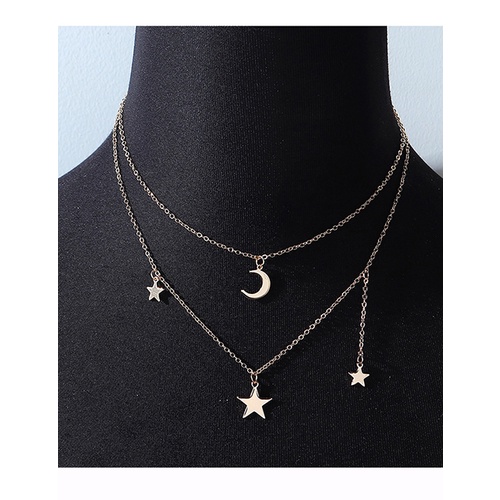 LRC Kalung Fashion Golden Moon Star Double Necklace Y65603