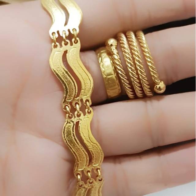 Set gelang dan cincin ulir dilapisi emas 24 k