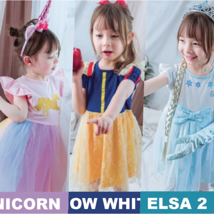 DISNEY PRINCESS DRESS - Snow White Elsa Unicorn Kid Dress Anak