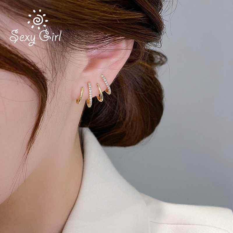 Anting Bentuk U Empat Cincin Gaya Korea Untuk Wanita