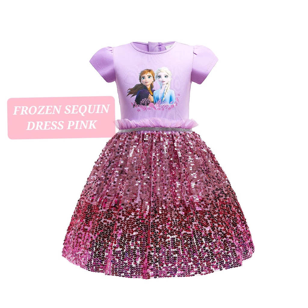 BAJUKIDDIE FROZEN SEQUIN DRESS PINK BAJU ELSA ANNA CASUAL KOREA IMPORT GAUN SANTAI DAILY