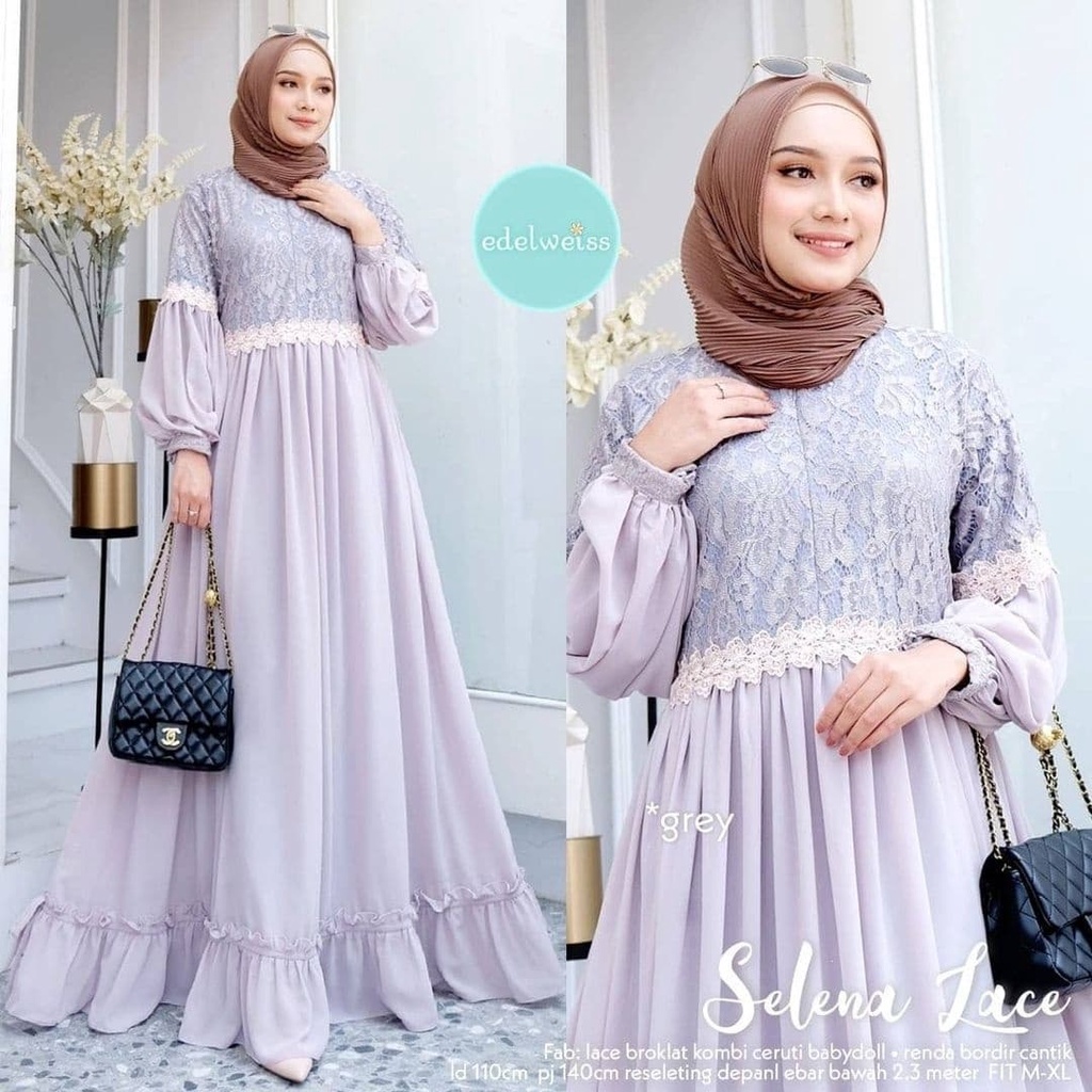 Gamis Brukat Dress Ceruty Babydoll Selena Lace Maxy Baju Busui Friendly Gamis Kondangan Jumbo Busana Muslim Wanita Terbaru