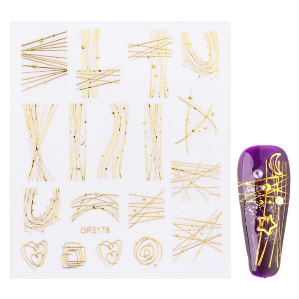 R-flower 3D Nail Sticker Star Silver Gold Garis Geometris Stripe Transfer Stiker