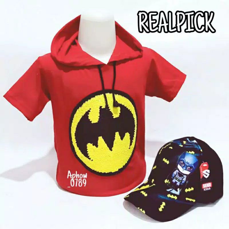 2IN1 HOODIE ANAK KAOS USAP + TOPI PRINTING BATMAN 1-10TAHUN