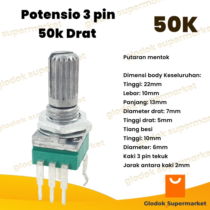 Potensio 3 pin 50k Mono Kaki 3 Tekuk Segi Hijau 503