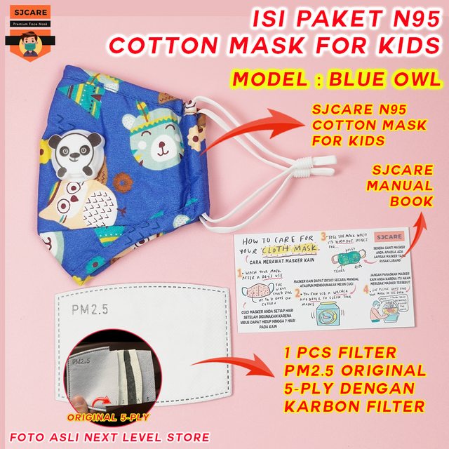 SJCare Masker Anak Premium Kids Katup Respirator FREE FILTER PM 2.5 - Blue Owl