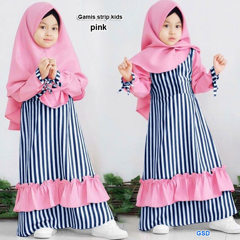 Gamis strip kids/gamis syari stripe+bergo/setelan baju muslim anak murah