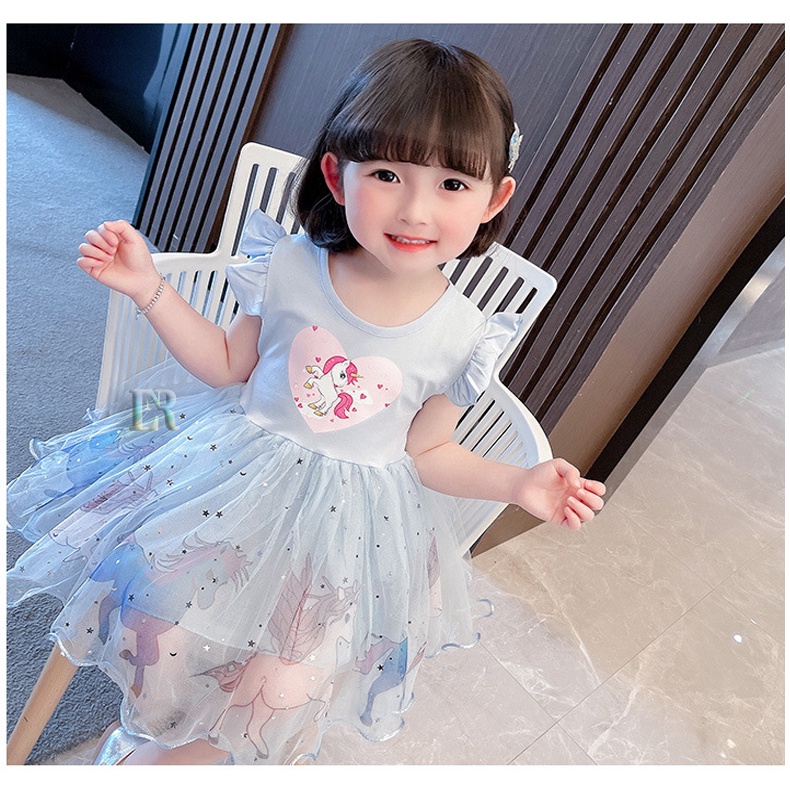 LNR Shop Free Bando Gaun Dress Tutu Anak Perempuan Bayi Balita Motif Unicorn Kuda Poni Biru Pink Cantik Import Gaun Dress Pesta Ulang Tahun Lengan Pendek Pakaian Anak Gadis Cewek