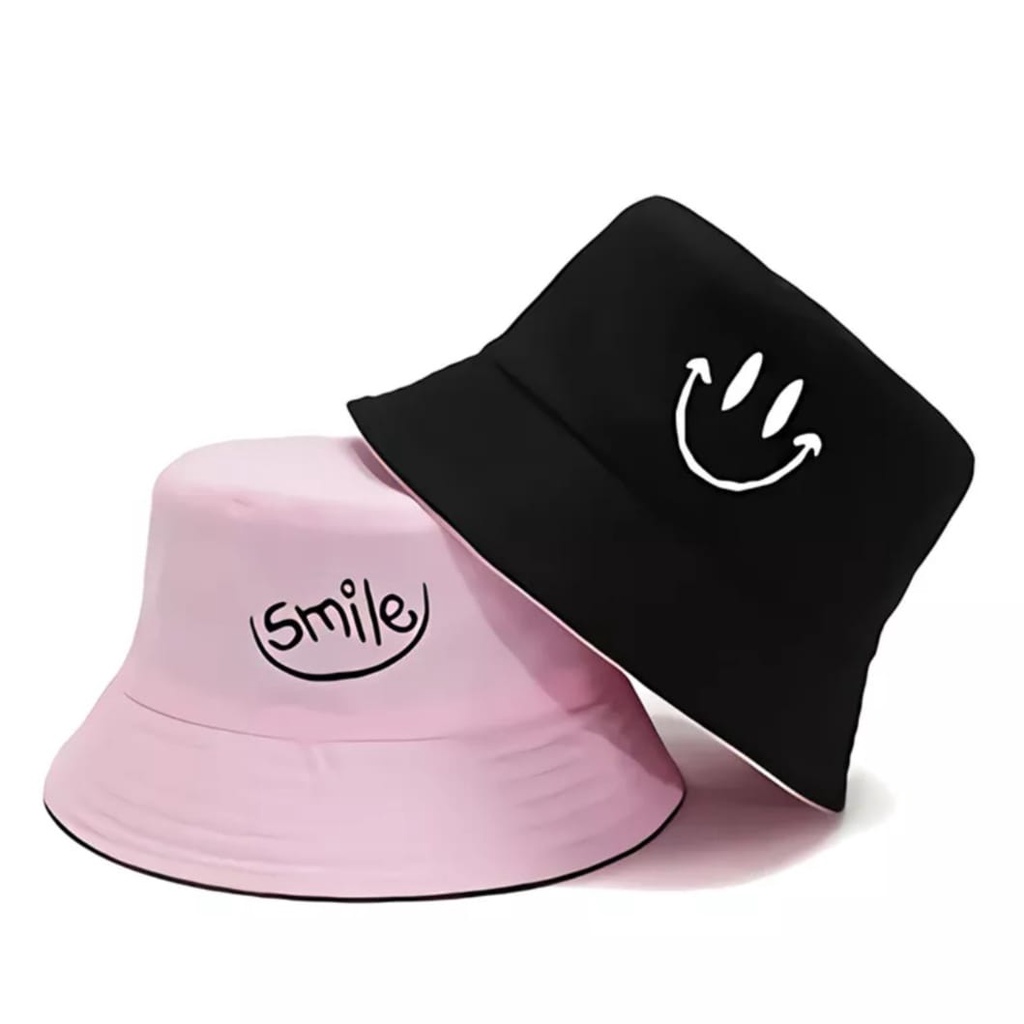 TOPI BUCKET BORDIR SMILE SMILE BOLAK BALIK  TOPI BUCKET KOREA COD