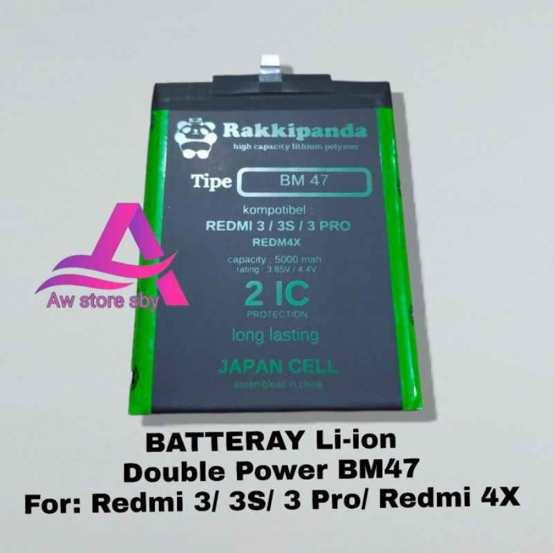 BATERAI RAKKI PANDA DOUBLE POWER TIPE {BM-47} 5000 MAH REDMI 3 / REDMI 3 PRO /REDMI 3S / REDMI4X