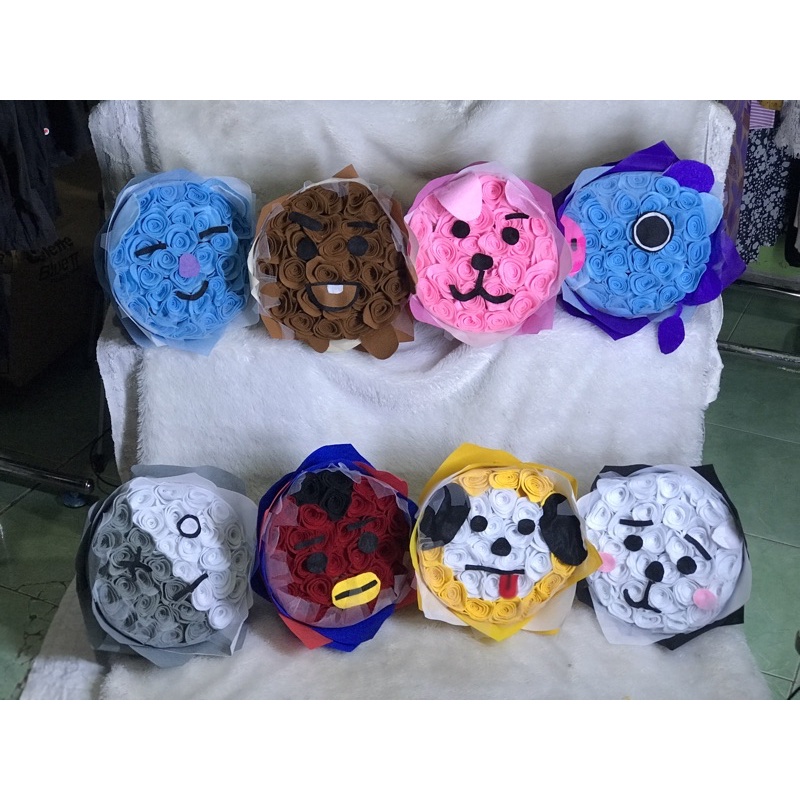 BUCKET KARAKTER / BUKET BT21 / BUCKET BTS / BOUQUET BUNGA / BUNGA FLANEL HADIAH WISUDA KADO ULTAH