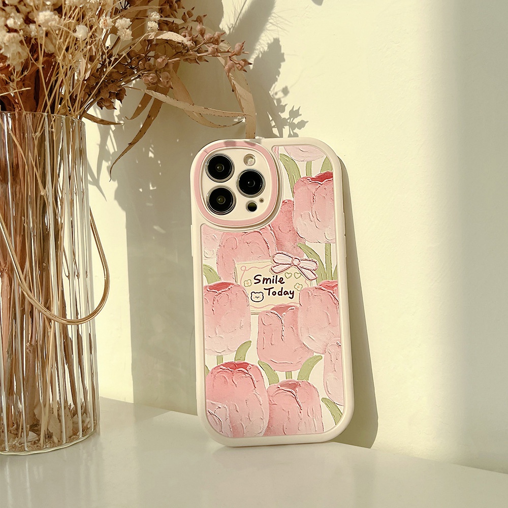 Flowers Phone Case Compatible For iPhone 7 8 12 11 14 Pro Max X XR XS Max 6 6s 7 8 Plus SE 2020 13 Pro Max Fresh Pink Tulip Flowers Soft TPU Shockproof Back Cover