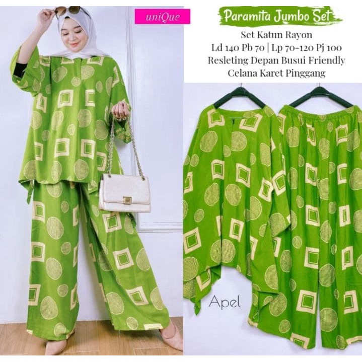 Paramitha Set Jumbo - One Set Jumbo Katun Rayon Tidie Premium Busui Setelan Wanita Waka Waka Set Celana Panjang Bigsize LD 140 cm