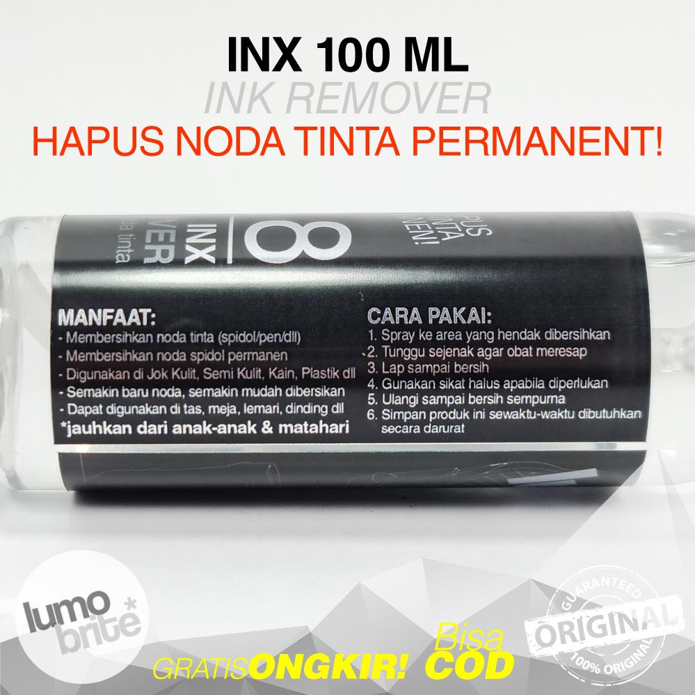 Pembersih Noda Bekas Tinta LUMOBRITE 18 INX Ink Remover 100ml Penghilang Noda Bolpen Pulpen Ballpoint Spidol Permanent Watermark Luntur Jok Pakaian Kain Baju Kulit Asli Semi Kulit Plastik MURAH