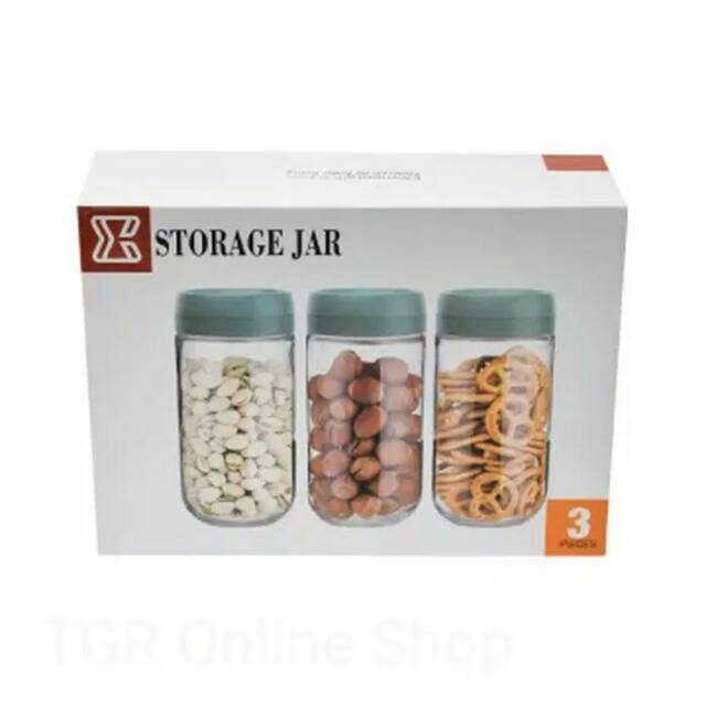 Toples Set 3 Pcs Kaca Toples Kue Kering Lebaran Hijau