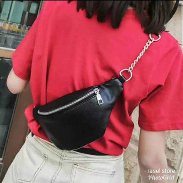 Waistbag weistbag tas Pinggang tas selempang tas wanita zip metal bahan semi kulit.