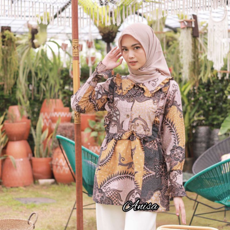 tey-17 Batik wanita ASJ SA HRB026 Kenongo Kemeja Tosca Pendek-Sonia Duri Kuning