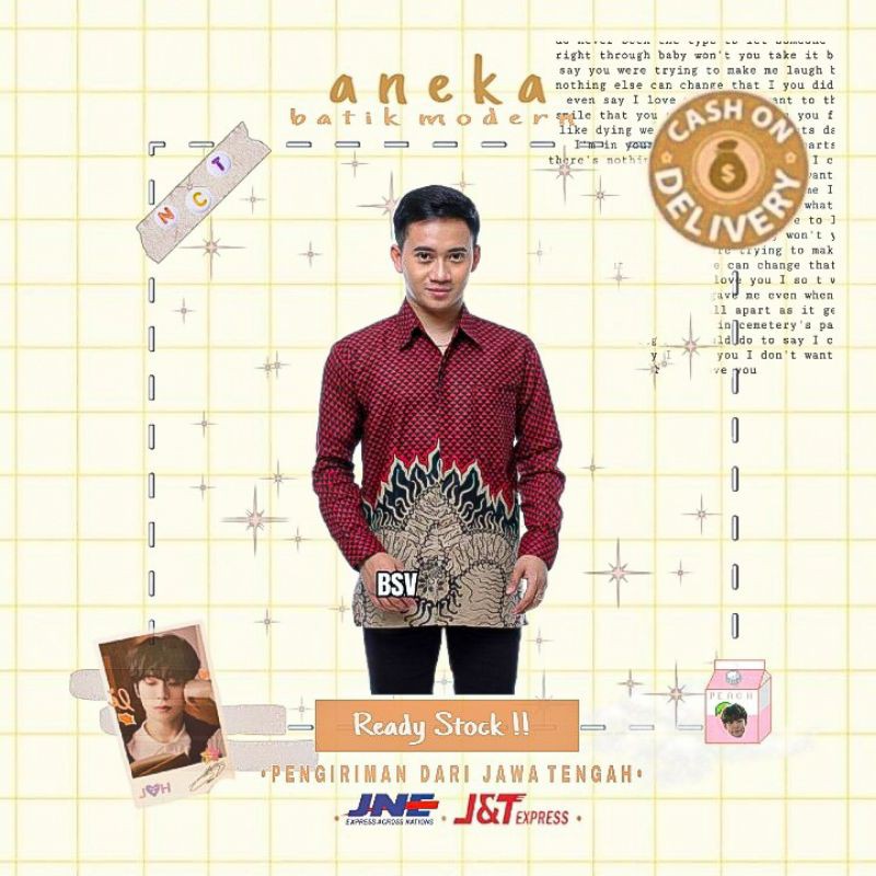 ATASAN KEMEJA BATIK HEM BATIK PRIA LENGAN PANJANG MERAH MAROON MARUN BIG SIZE JUMBO