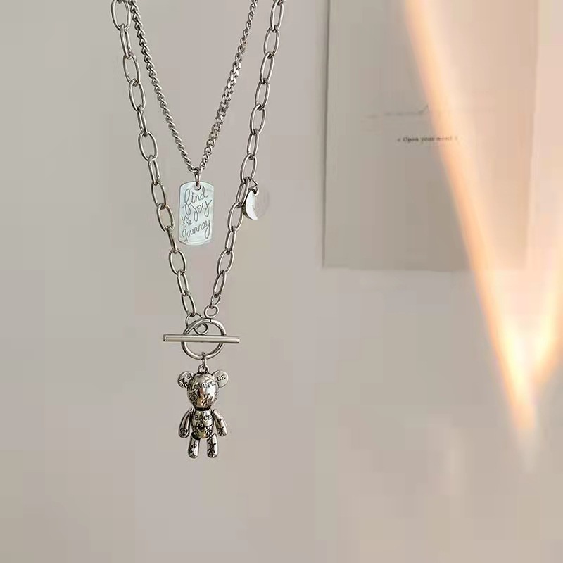 Kalung Multilayer Dengan Liontin Beruang Bahan Stainless Steel Gaya Hip Hop Untuk Pria Dan Wanita