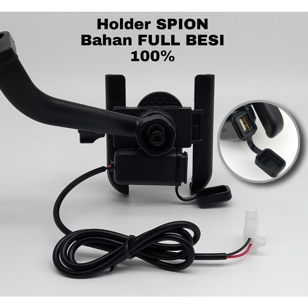 HOLDER SPION MOTOR +USB CHARGER PHONE HOLDER UNIVERSAL BLACK 100% BESI