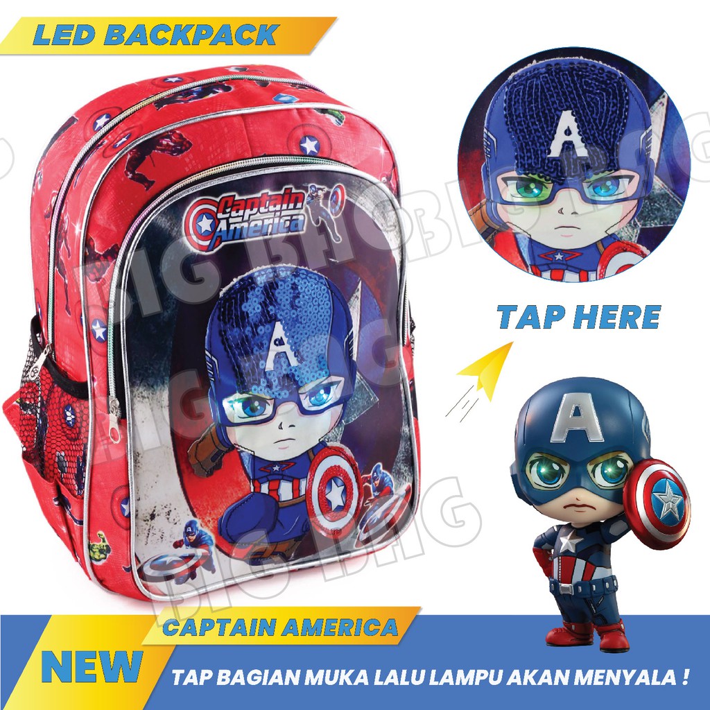 PTS - Tas Anak Laki Sequin CAPTAIN AMERICA - EXTRA - THE FIRST POWER - UKURAN SD - RANSEL LED School Bag